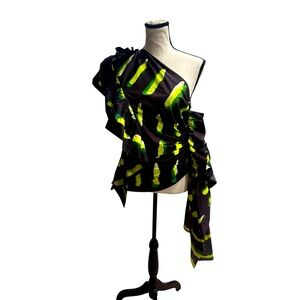 Dries van Noten Len Lye printed Off the Shoulder Ruffled Trim Top — US 4/EU 36